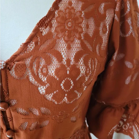 Ivy City Co Lace Button-Down Dress in Rust - Picture 4 of 5
